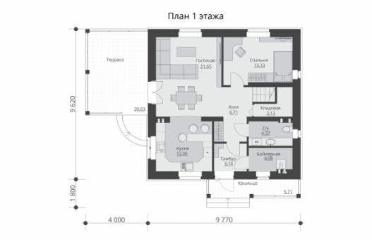 Одноэтажный дом с мансардой и террасой